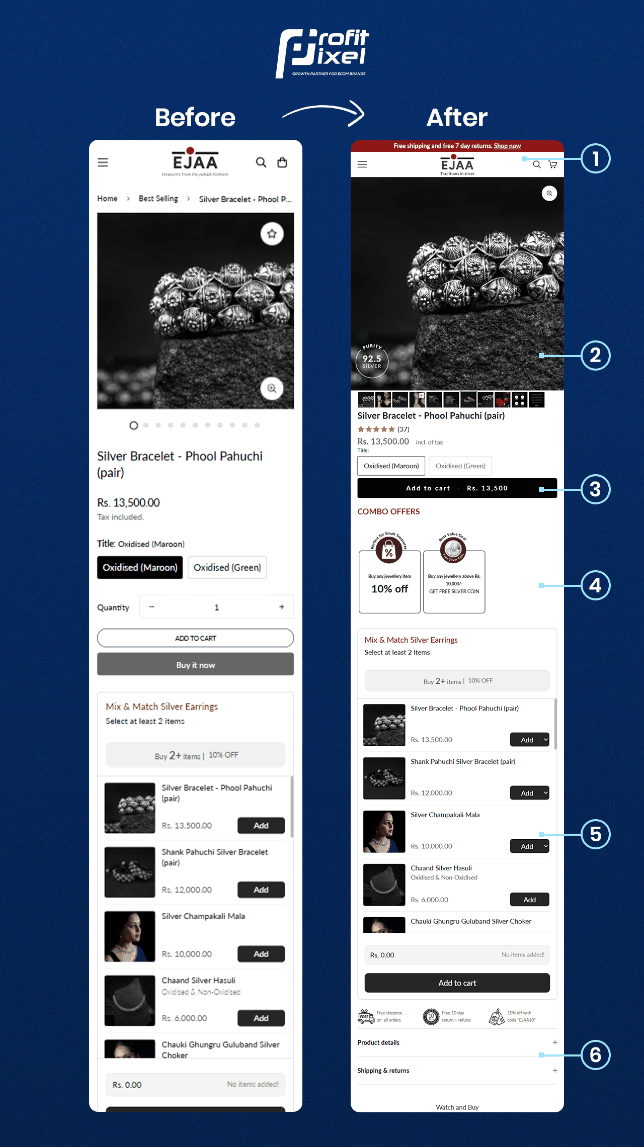 Ejaa silver jewellery product page before and after CRO redesign