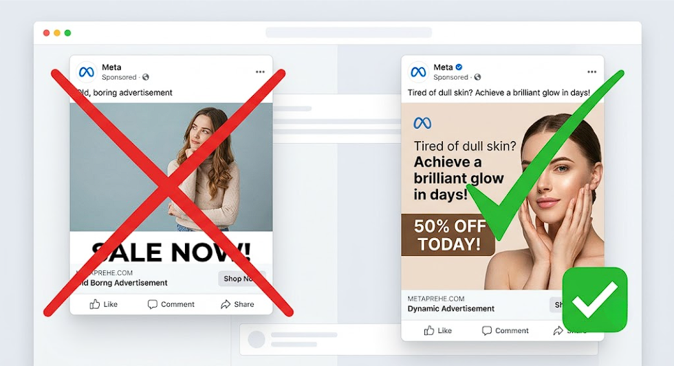 Meta ad creative comparison showing a generic ad versus a benefit-led performance creative.