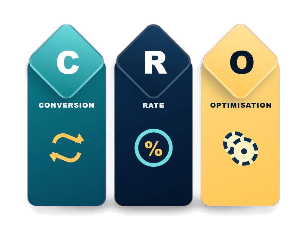 CRO explained as Conversion, Rate and Optimization in Profit Pixel's navy, cyan and amber theme