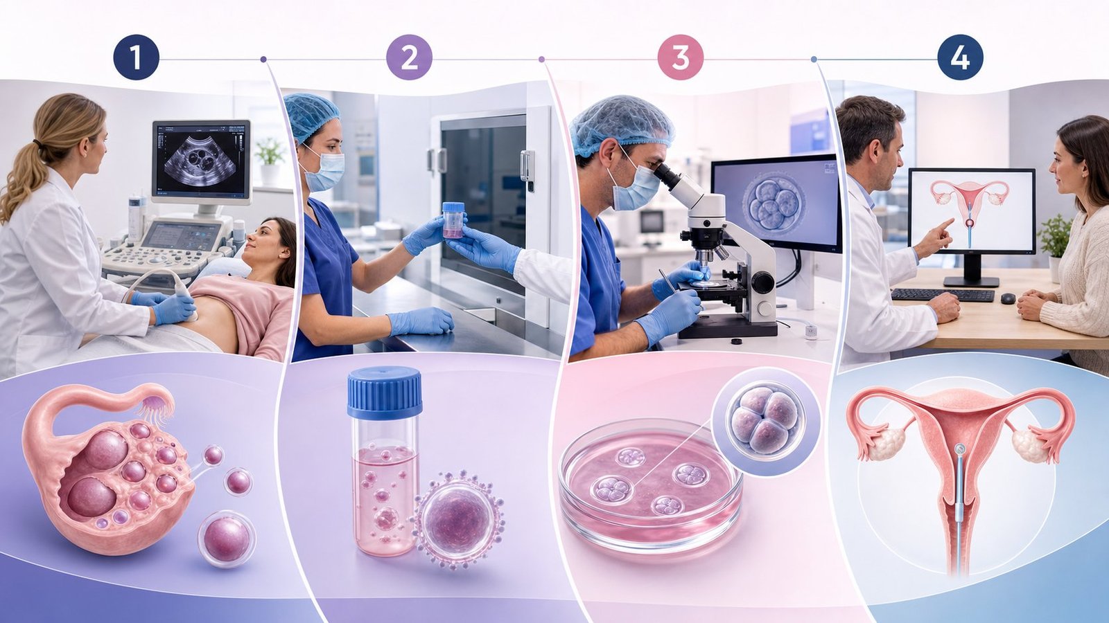 Four-stage IVF treatment journey showing ovarian monitoring, egg collection, laboratory embryo culture and embryo transfer