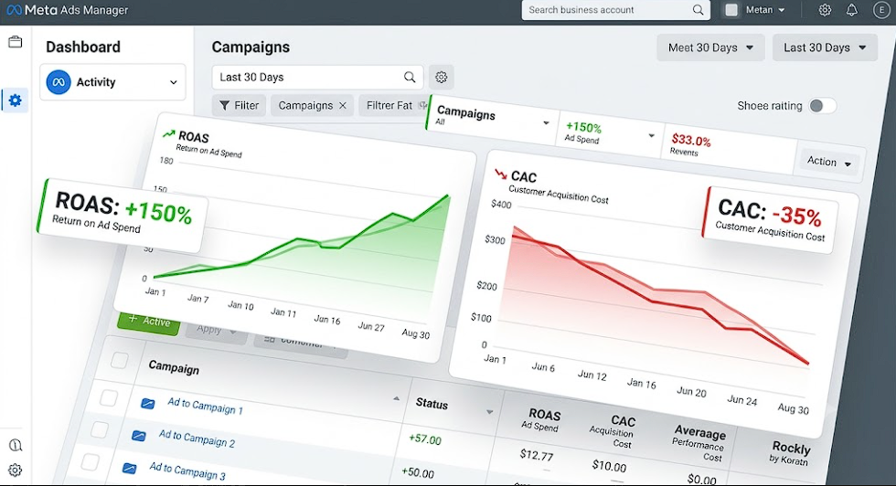 Meta Ads dashboard visualization showing rising ROAS and falling customer acquisition cost.