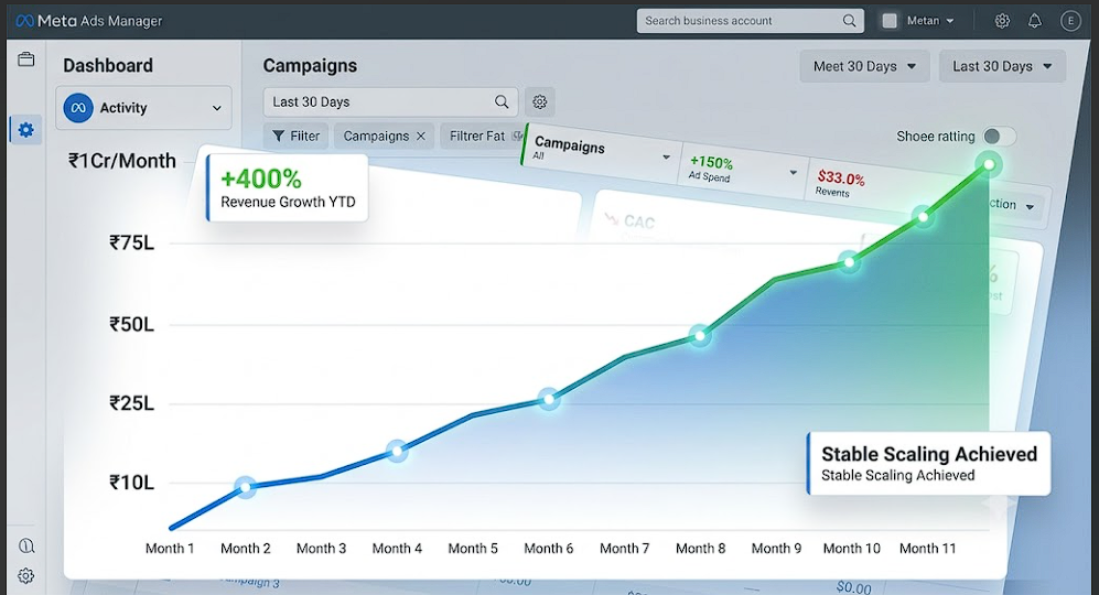 Meta Ads dashboard visualization showing stable month-over-month revenue growth from 10 lakh to 1 crore.