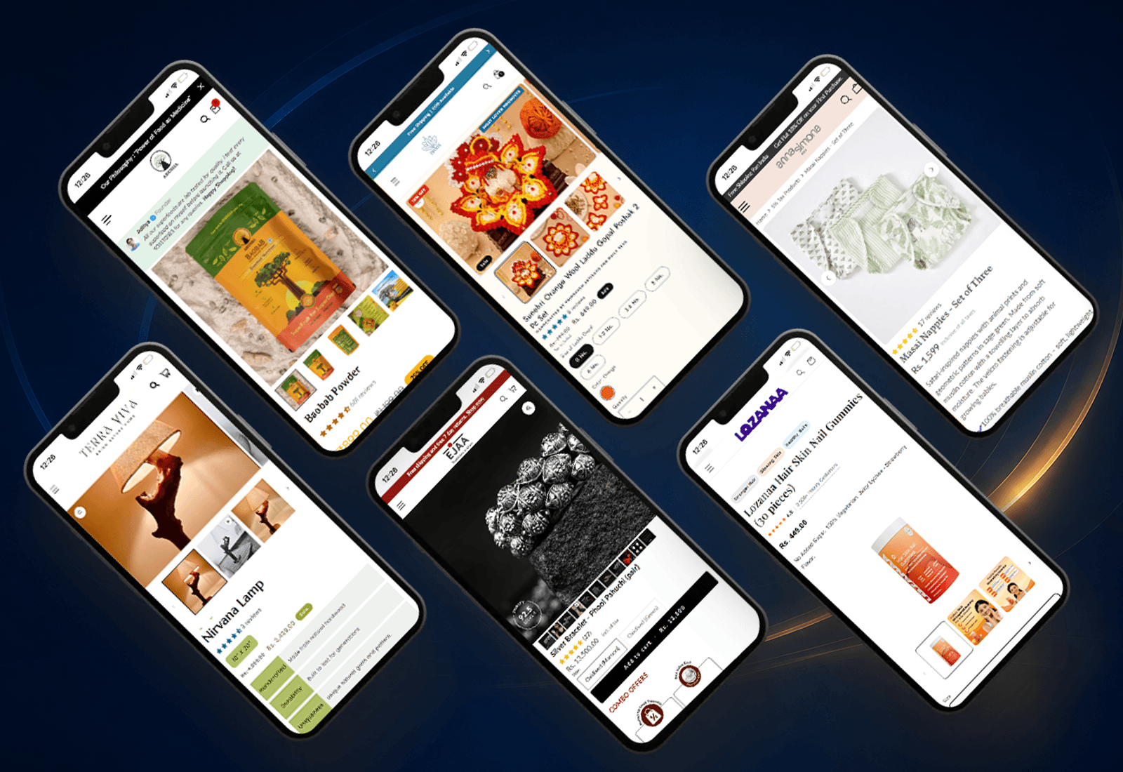 Six ecommerce product pages optimized by Profit Pixel displayed in premium mobile phone mockups